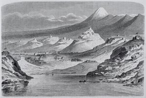 Uitzicht op New Plymouth en Mount Egmont, illustratie uit The Return to the World, 1865 door Spanish School